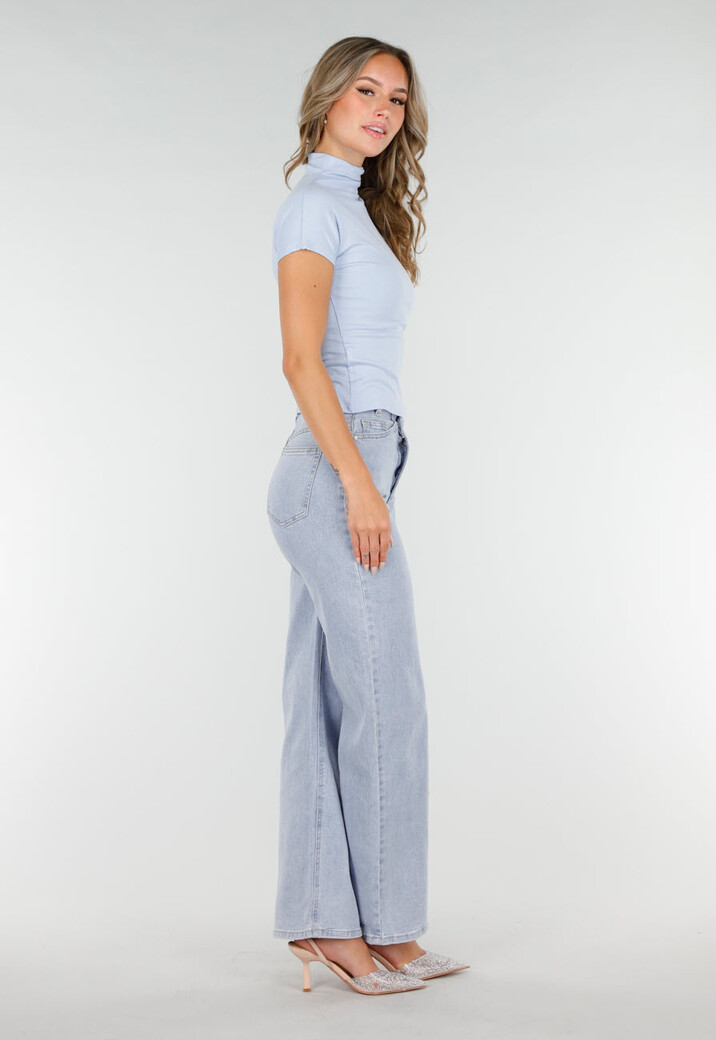 Lichtblauwe Stretch Top met Col en Korte Mouwen