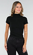 Zwarte Stretch Top met Col en Korte Mouwen