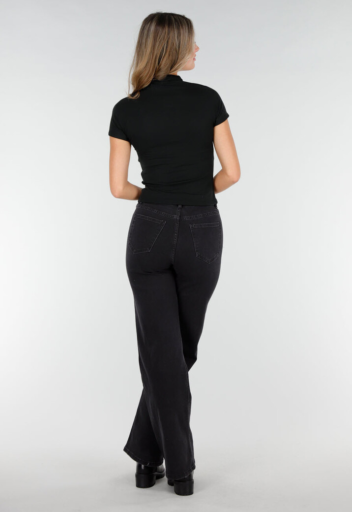 Zwarte Stretch Top met Col en Korte Mouwen