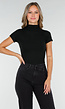 Zwarte Stretch Top met Col en Korte Mouwen