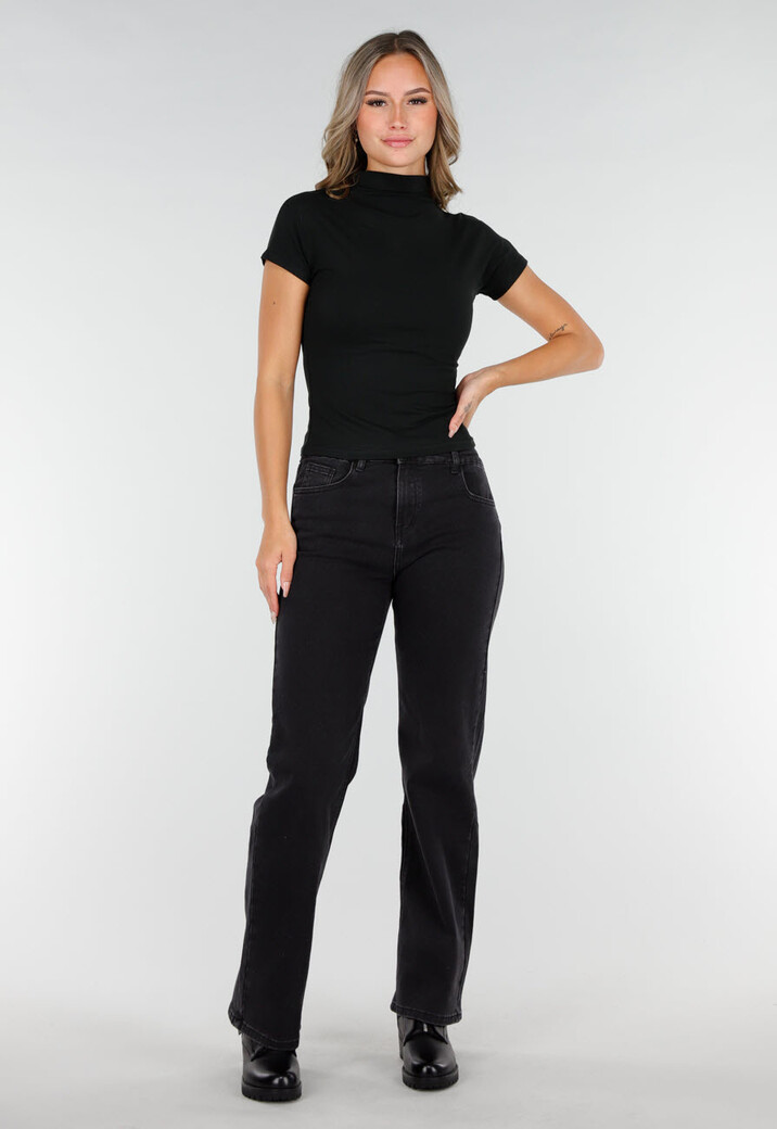 Zwarte Stretch Top met Col en Korte Mouwen