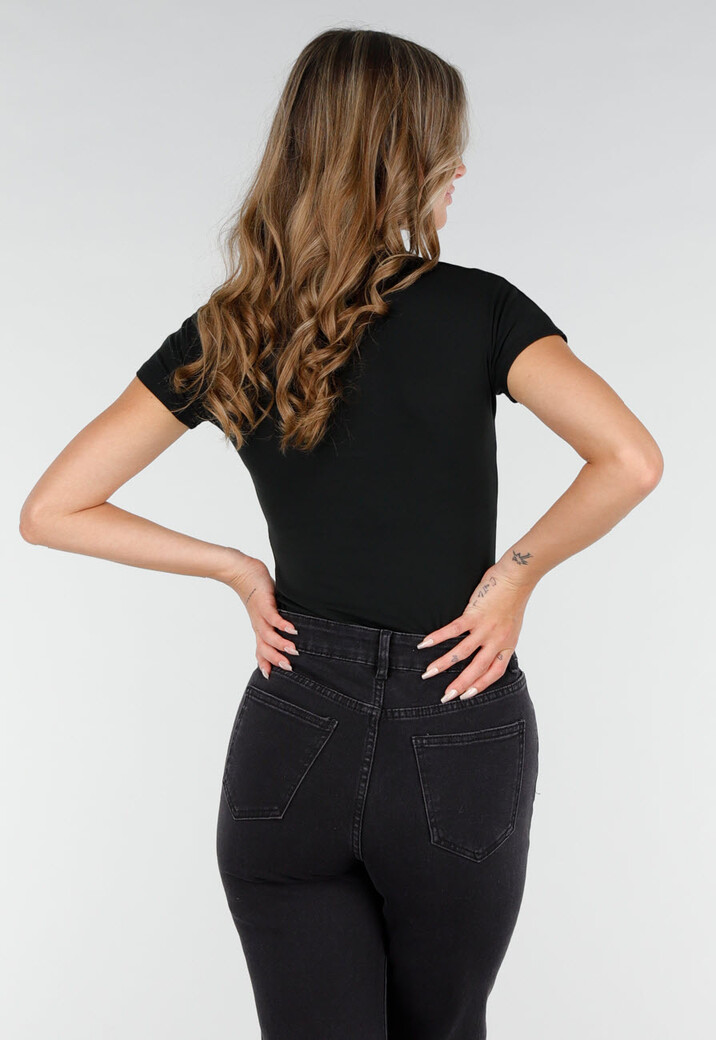 Zwarte Stretch Top met Col en Korte Mouwen
