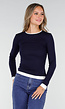 Donkerblauwe Longsleeve Top met Witte Boorden aan Hals en Mouwen