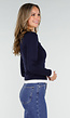 Donkerblauwe Longsleeve Top met Witte Boorden aan Hals en Mouwen