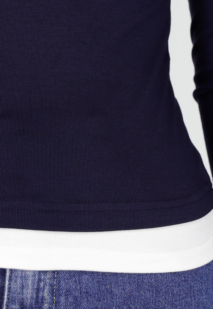 Donkerblauwe Longsleeve Top met Witte Boorden aan Hals en Mouwen