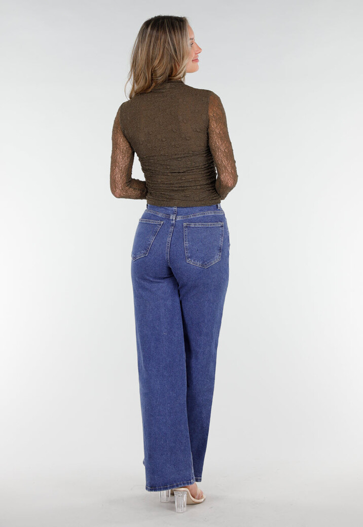 Khakikleurige See Through Kanten Top met Gedrappeerd Effect