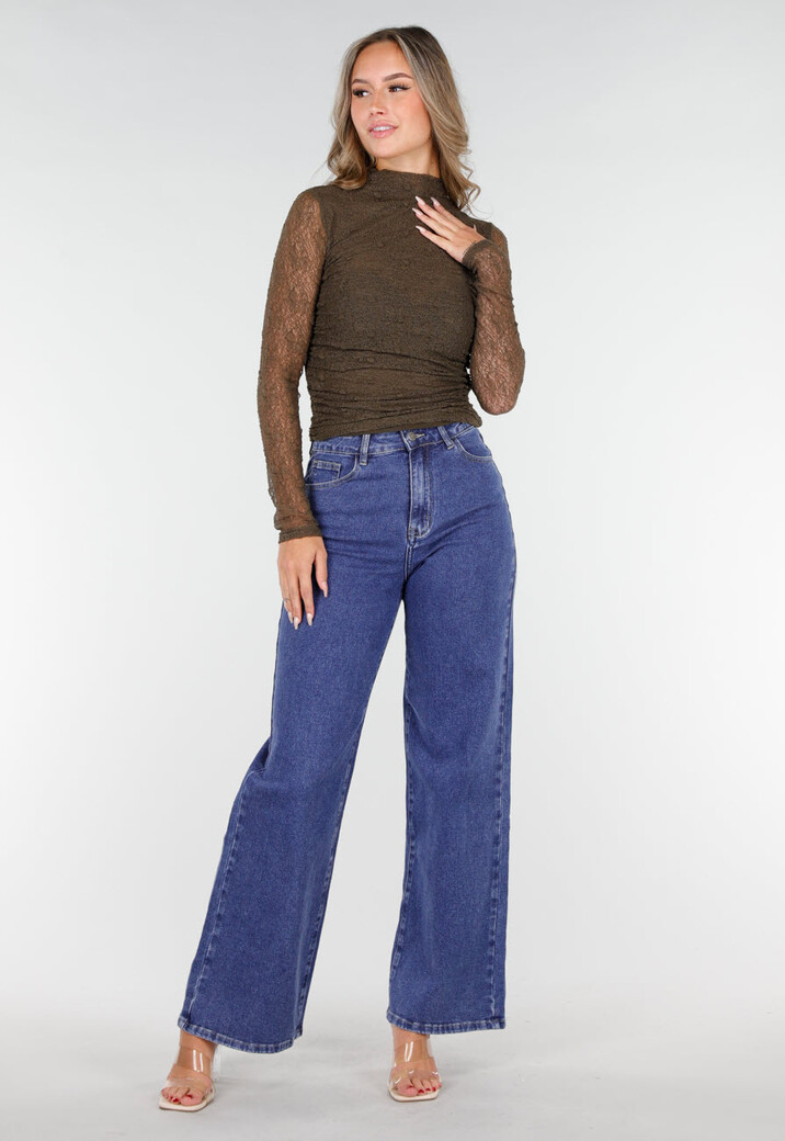 Khakikleurige See Through Kanten Top met Gedrappeerd Effect