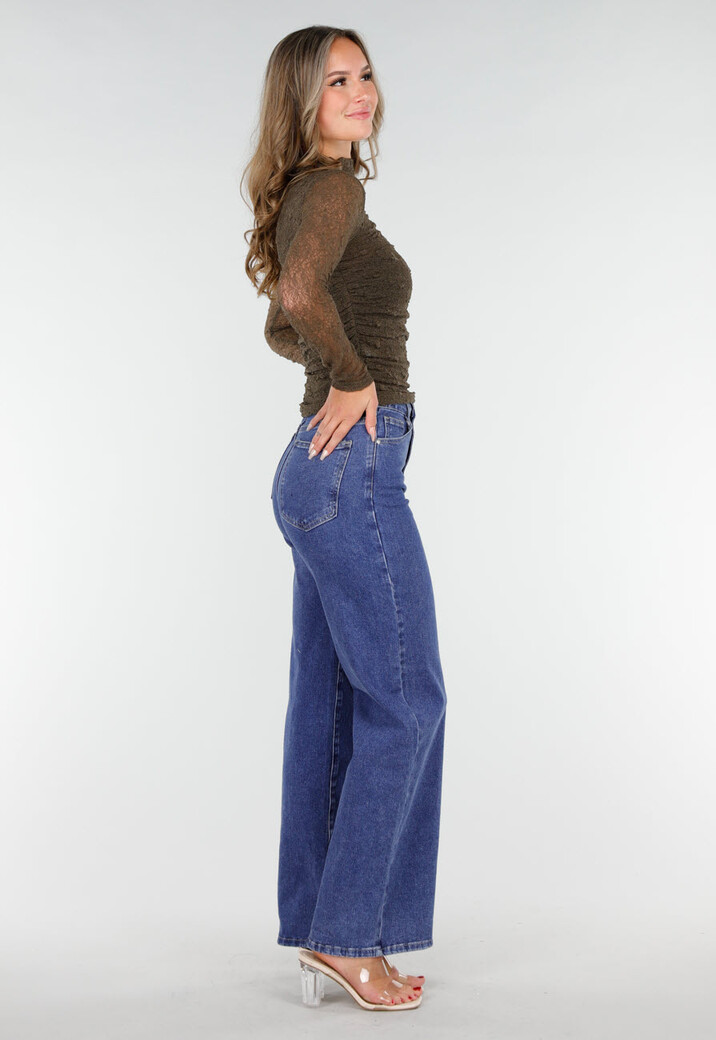 Khakikleurige See Through Kanten Top met Gedrappeerd Effect