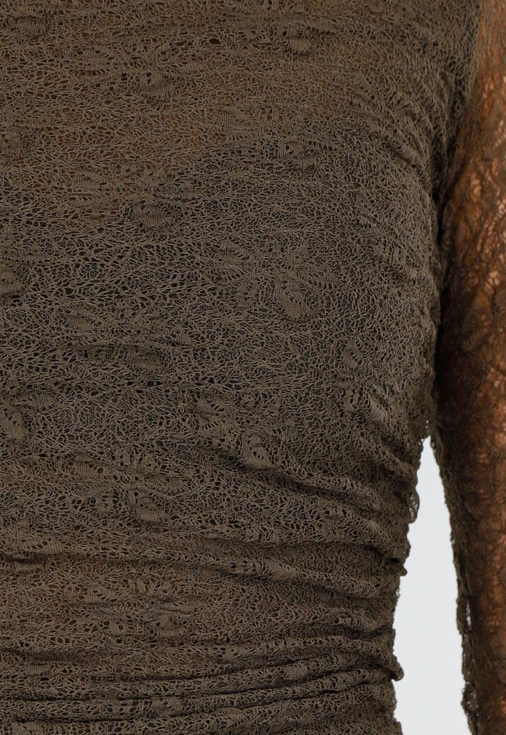 Khakikleurige See Through Kanten Top met Gedrappeerd Effect