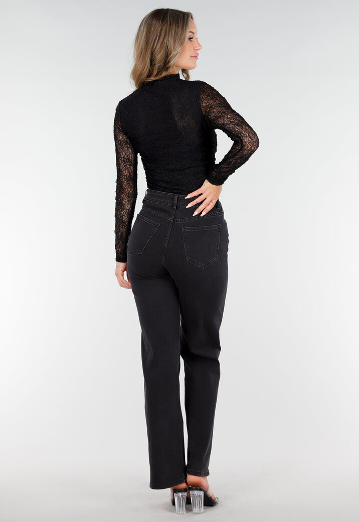 Zwarte See Through Kanten Top met Gedrappeerd Effect