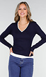 Donkerblauwe Longsleeve Top met V-Hals en Witte Boorden