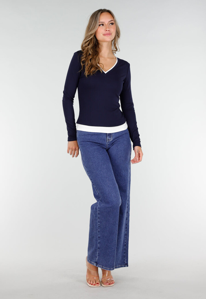 Donkerblauwe Longsleeve Top met V-Hals en Witte Boorden