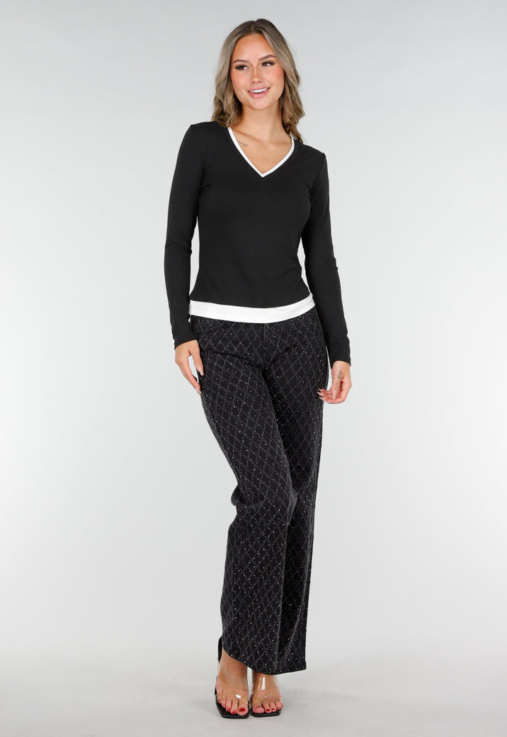 Zwarte Longsleeve Top met V-Hals en Witte Boorden