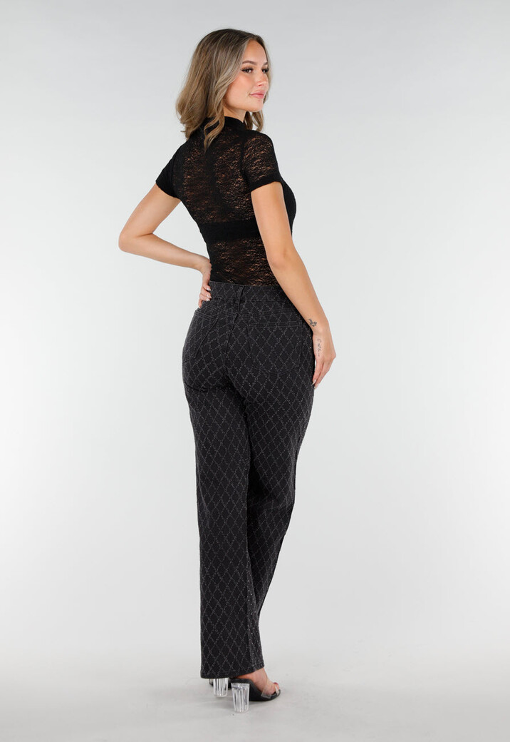 Zwarte Gehaakte Stretch Top met Col en Korte Mouwen