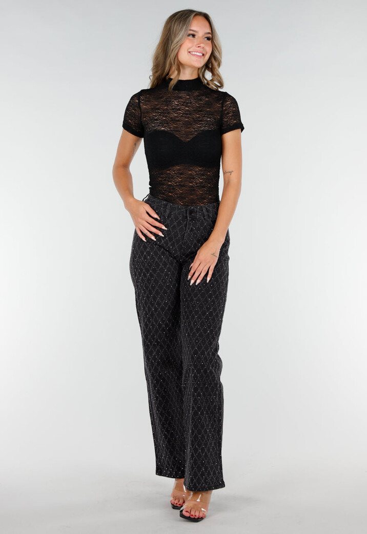 Zwarte Gehaakte Stretch Top met Col en Korte Mouwen