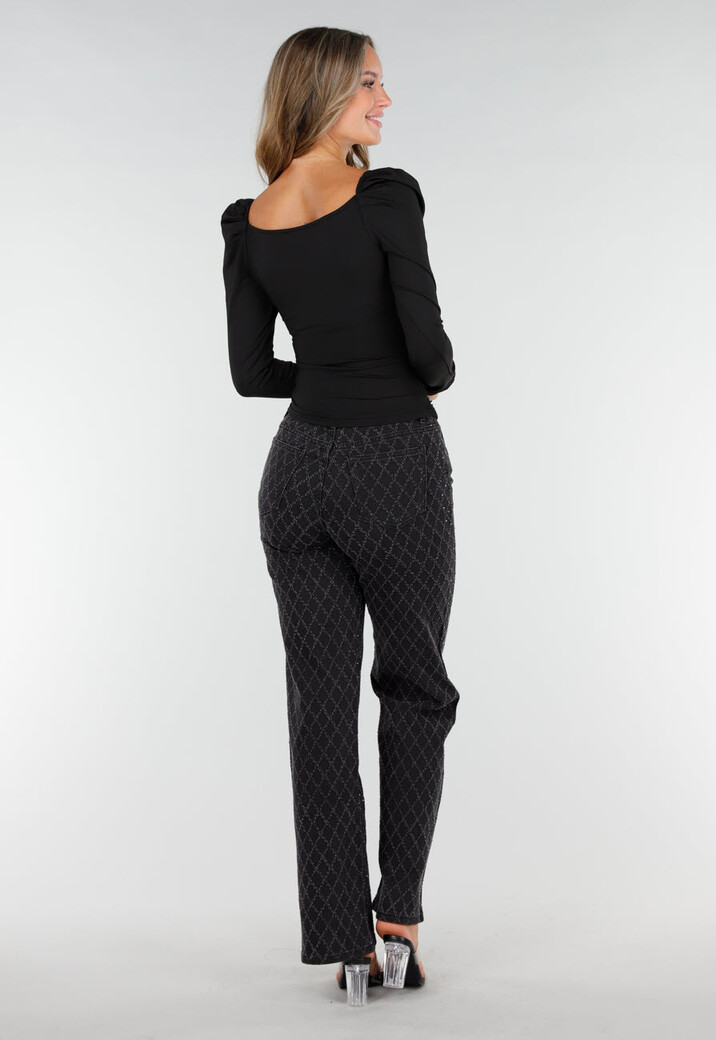 Zwarte Top met V-Hals Overslag en Plooien