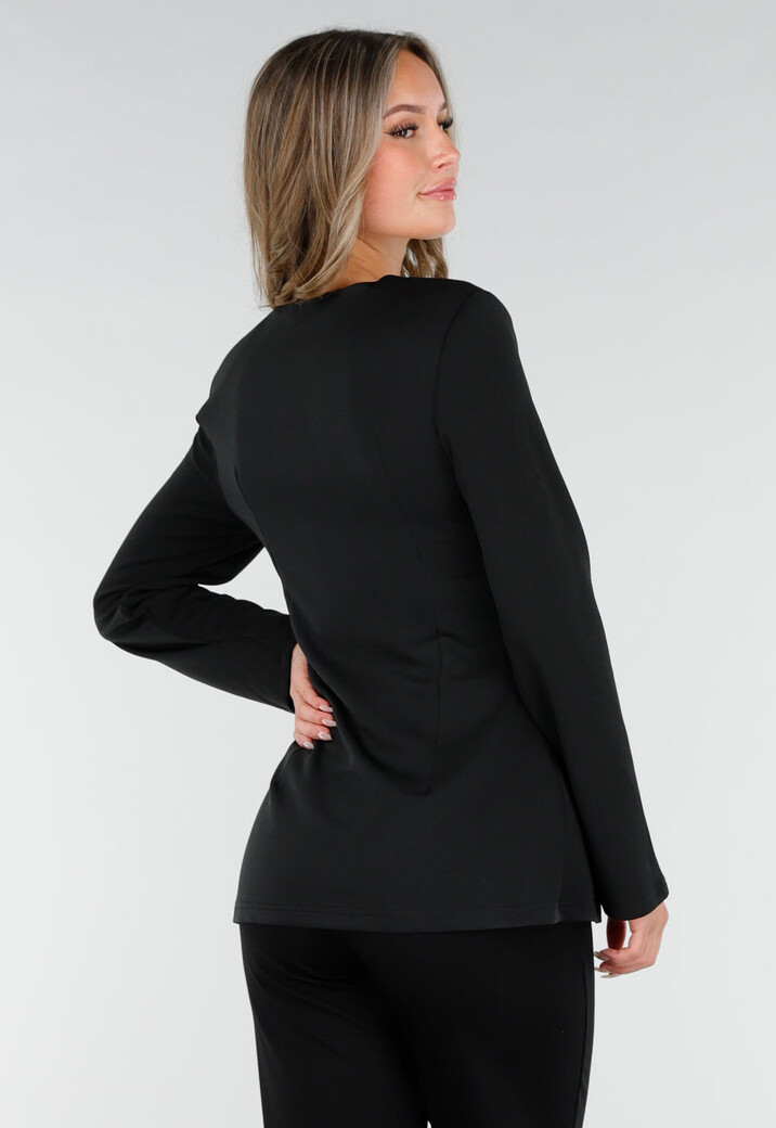 Zwarte Blazer met Lange Mouwen en Wit Kant Detail