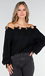 Zwarte Off-Shoulder Trui met Franje Detail