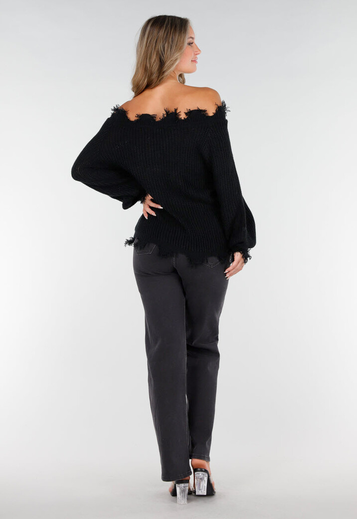 Zwarte Off-Shoulder Trui met Franje Detail