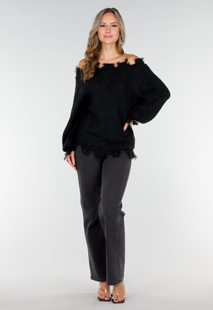 Zwarte Off-Shoulder Trui met Franje Detail