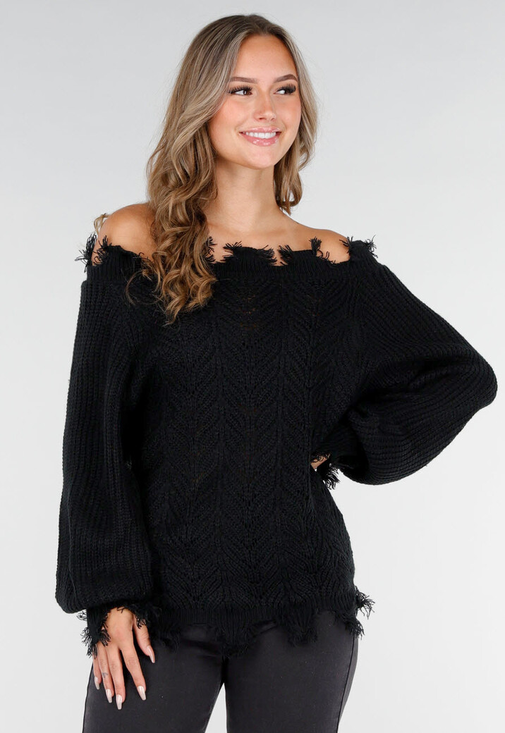 Zwarte Off-Shoulder Trui met Franje Detail