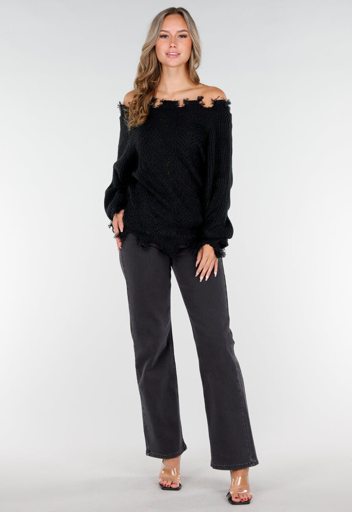 Zwarte Off-Shoulder Trui met Franje Detail