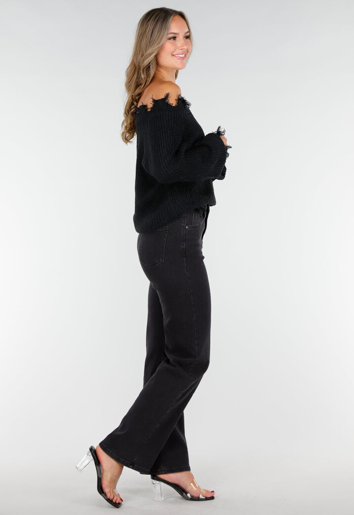 Zwarte Off-Shoulder Trui met Franje Detail