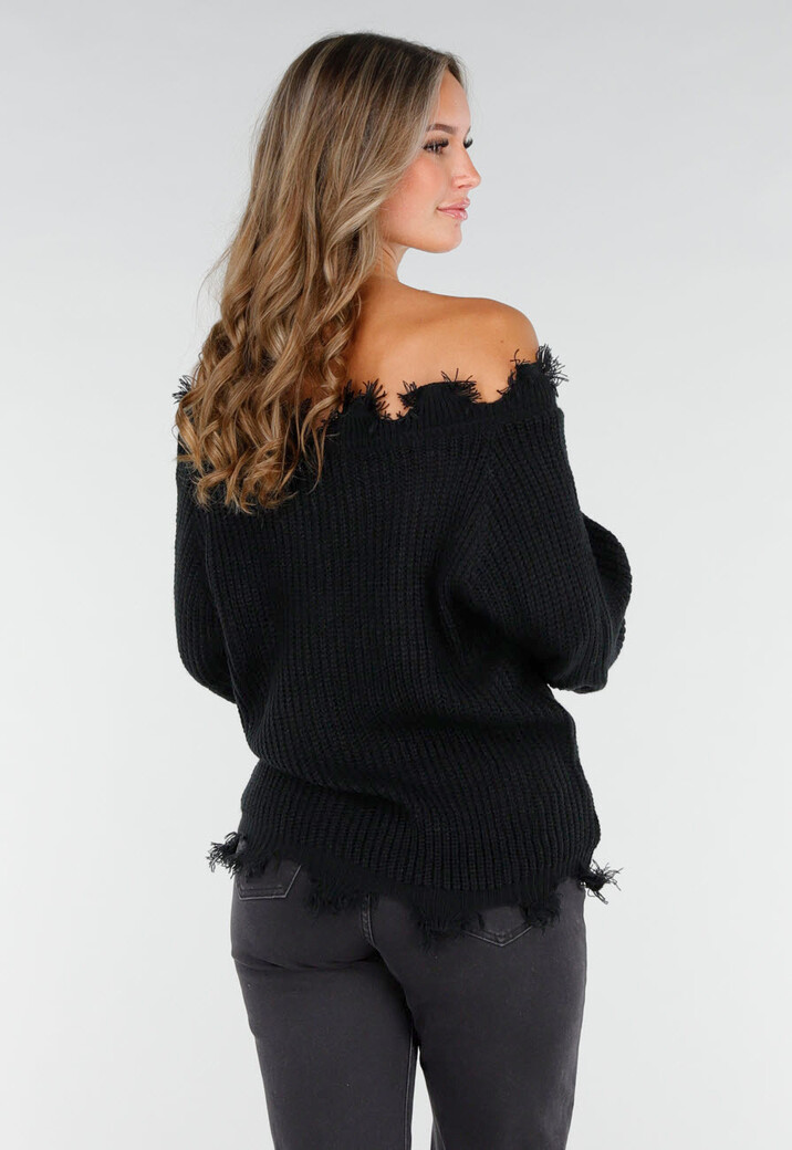 Zwarte Off-Shoulder Trui met Franje Detail