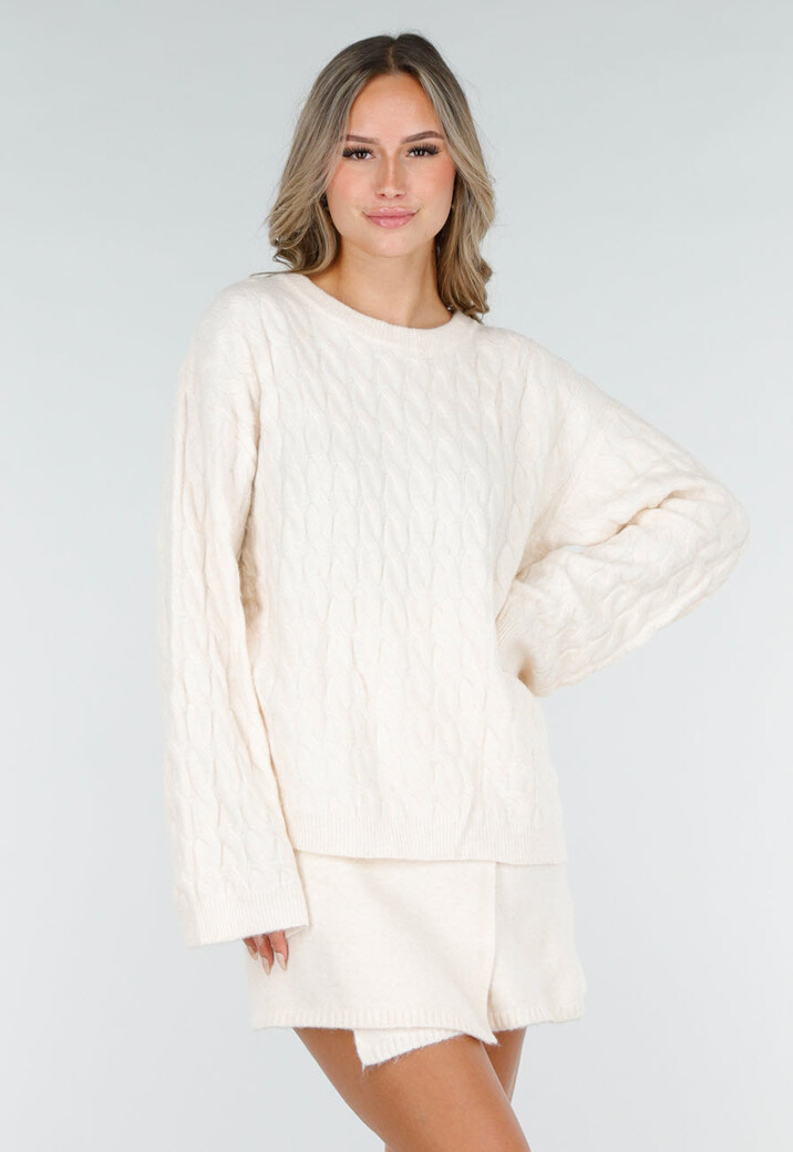 Beige Kabel Gebreide Trui met Lange Mouwen