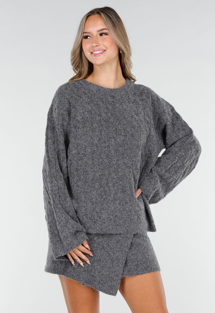 Grijze Kabel Gebreide Trui met Lange Mouwen