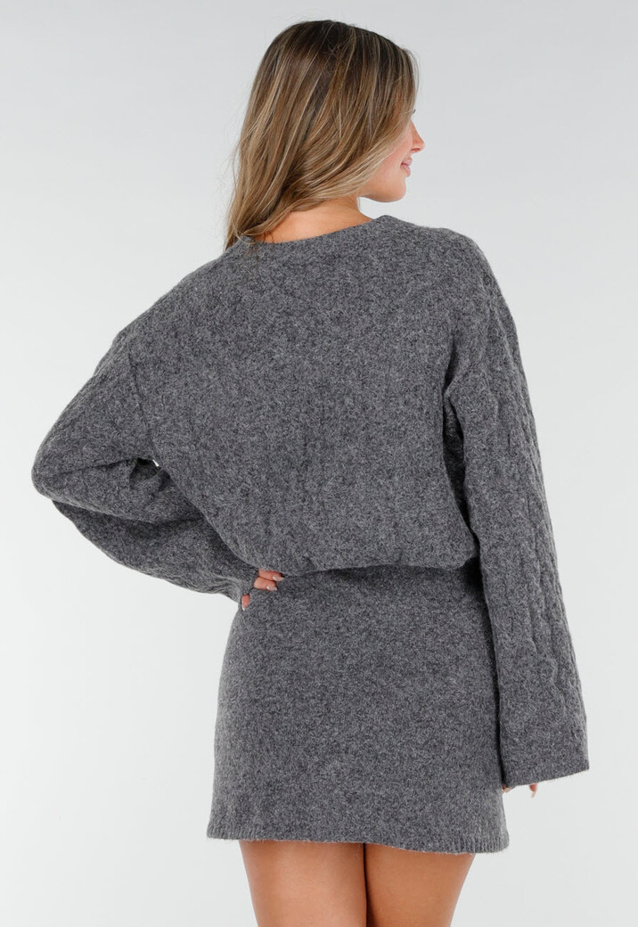 Grijze Kabel Gebreide Trui met Lange Mouwen