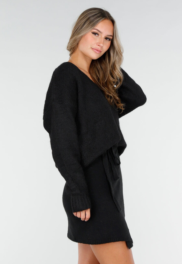 Zwarte Gebreide Trui met V-Hals en Lange Mouwen