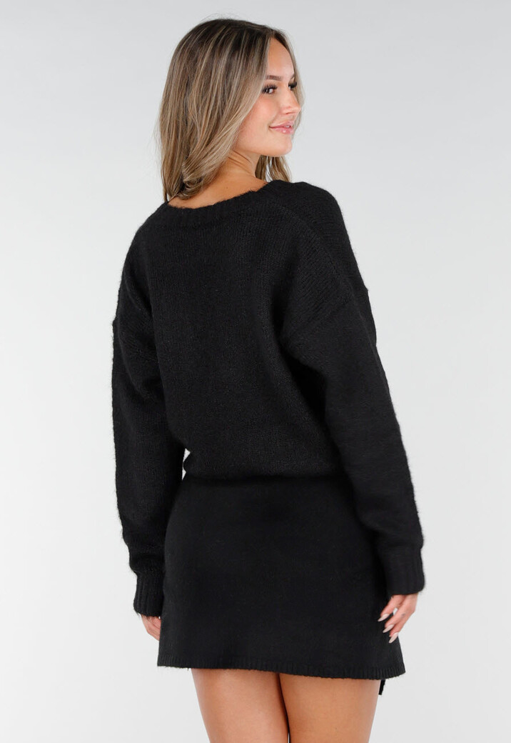 Zwarte Gebreide Trui met V-Hals en Lange Mouwen