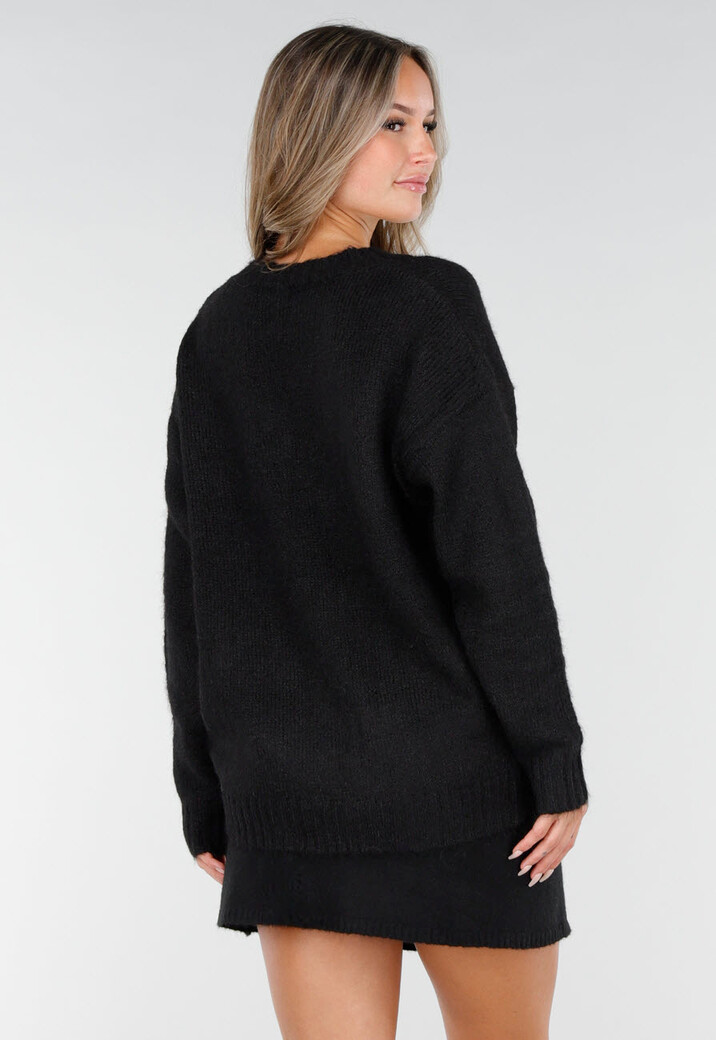 Zwarte Gebreide Trui met V-Hals en Lange Mouwen