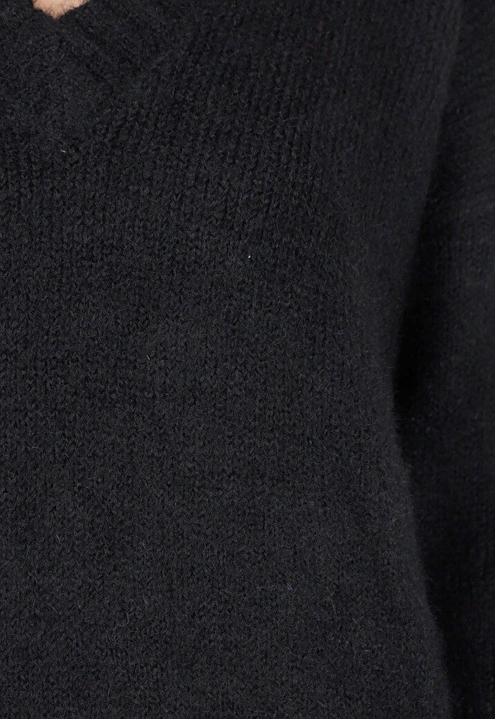 Zwarte Gebreide Trui met V-Hals en Lange Mouwen