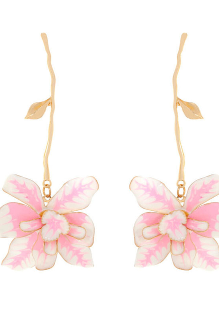 Goudkleurige Oorbellen met Roze-Witte Bloemhanger