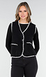 Zwart Teddy Gilet met Witte Randen en Knoopsluiting