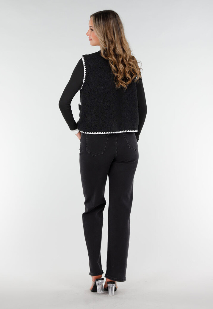 Zwart Teddy Gilet met Witte Randen en Knoopsluiting