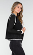 Zwart Teddy Gilet met Witte Randen en Knoopsluiting