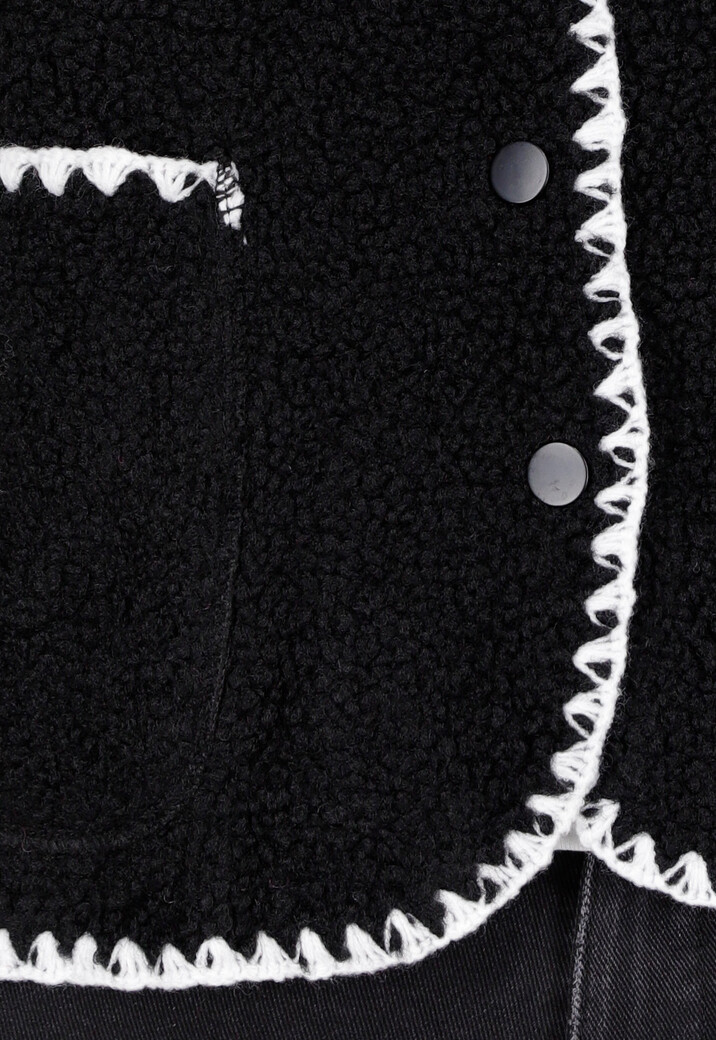 Zwart Teddy Gilet met Witte Randen en Knoopsluiting
