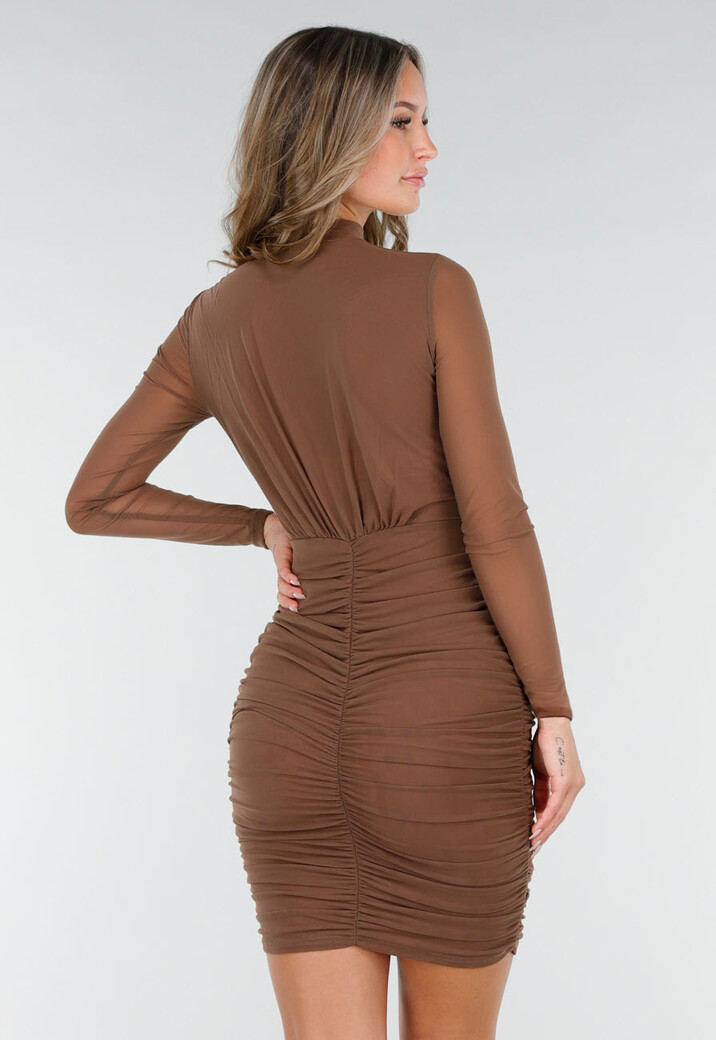 Bruine Jurk met Lange Mouwen, Ruches en Hoge Hals