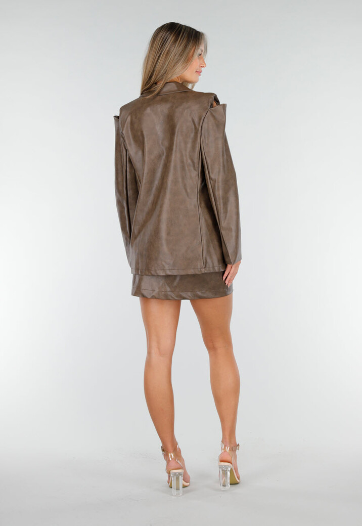 Bruine Two Piece Set van Lederlook met Blazer en Rok