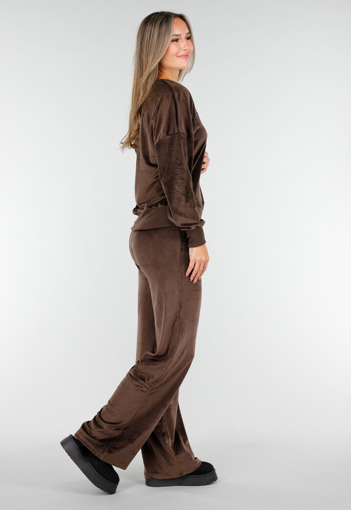 Bruin Velours Huispak met Lange Mouwen en Wijde Broek