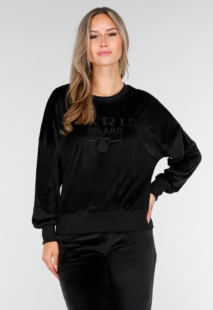 Zwart Velours Huispak met Lange Mouwen en Wijde Broek