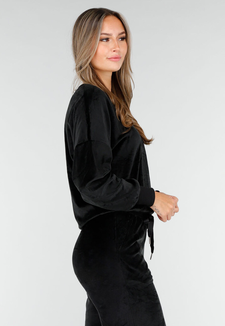 Zwart Velours Huispak met Lange Mouwen en Wijde Broek