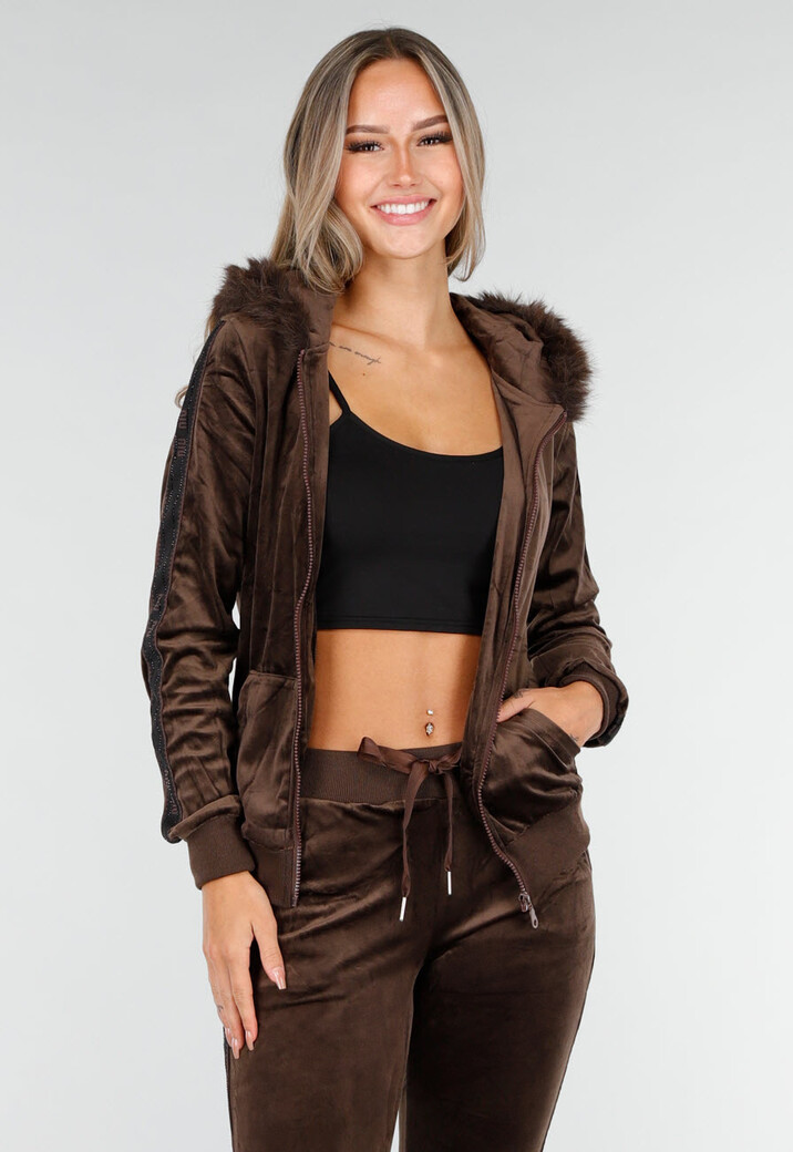 Bruin Velours Huispak met Nepbont Capuchon en Rits