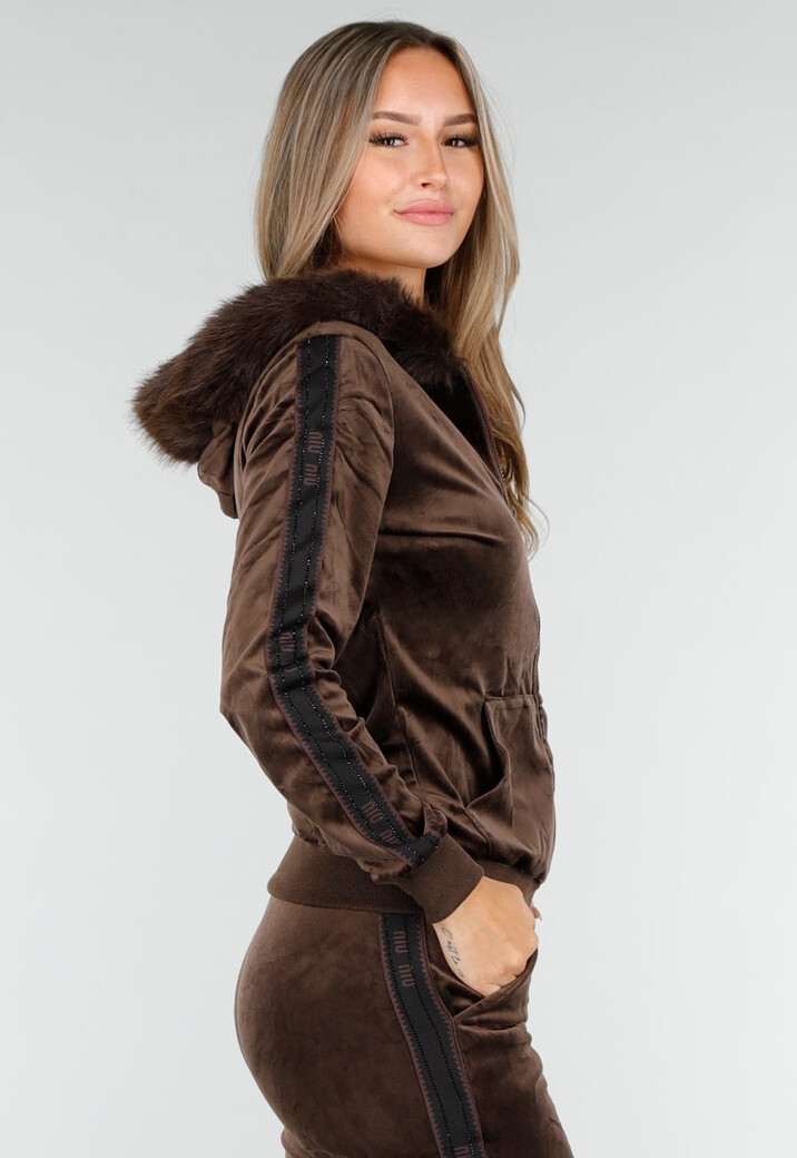 Bruin Velours Huispak met Nepbont Capuchon en Rits