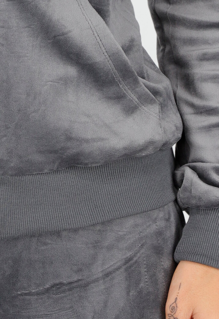 Grijs Velours Huispak met Nepbont Capuchon en Rits