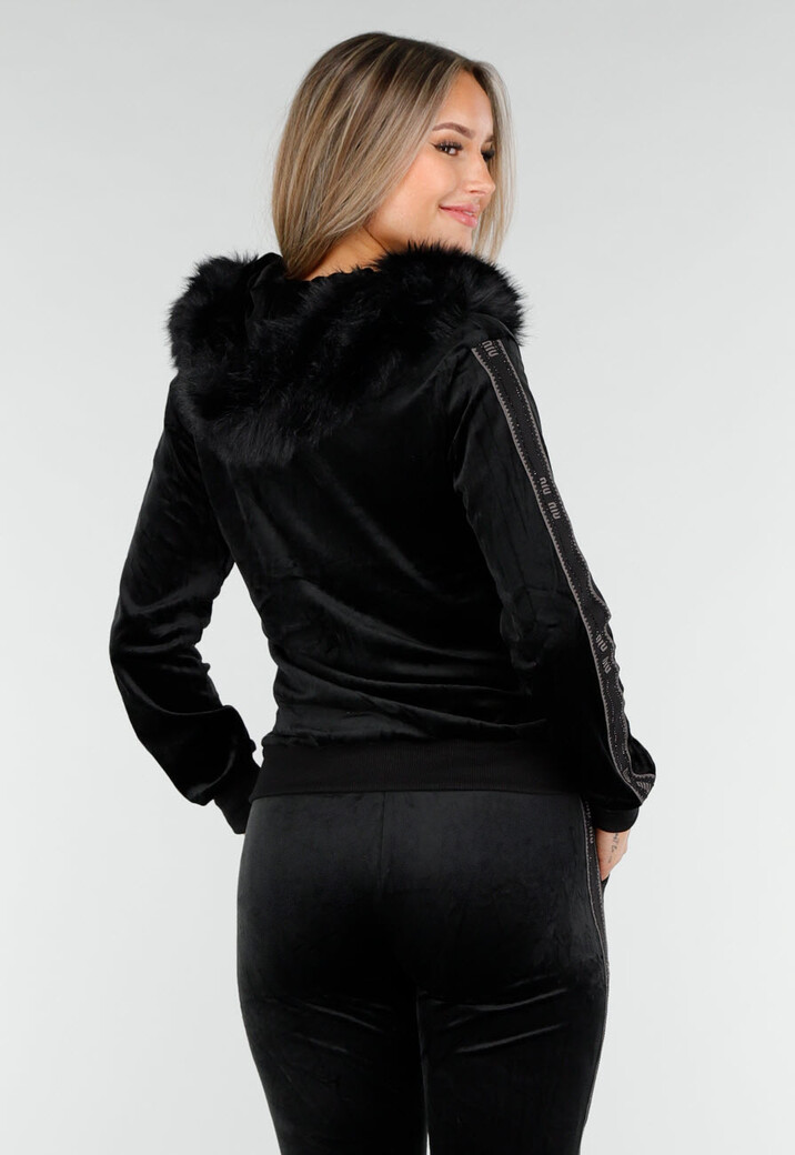 Zwart Velours Joggingpak met Capuchon en Nepbont