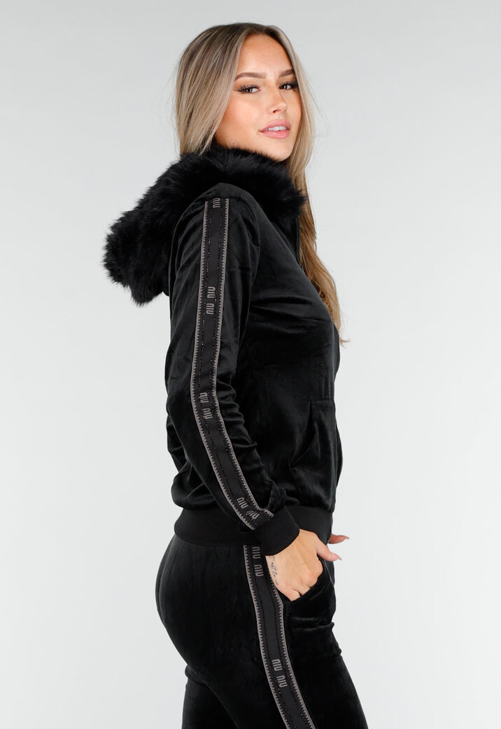 Zwart Velours Joggingpak met Capuchon en Nepbont